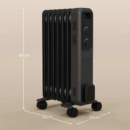 1500W Oil Filled Radiator, Portable Electric Heater with 3 Heat Settings, Safety Cut-Off and Wheels, Grey