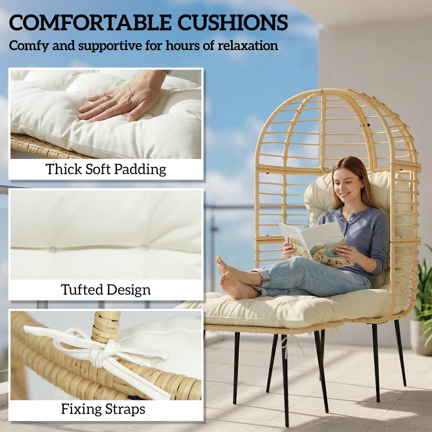 Garden Egg Chair with Footstool, Rattan Indoor Outdoor Lounge Chair and Ottoman Set with Thick Cushions, Beige