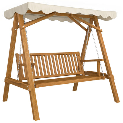 3 Seater Garden Swing Seat with Canopy, Wooden Swing Chair, Outdoor Hammock Bench for Balcony Patio Porch, Cream White