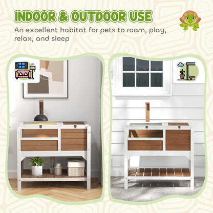 Wooden Tortoise House, with Shelter, Run, Shelf, Lamp Holder, Tray - Brown