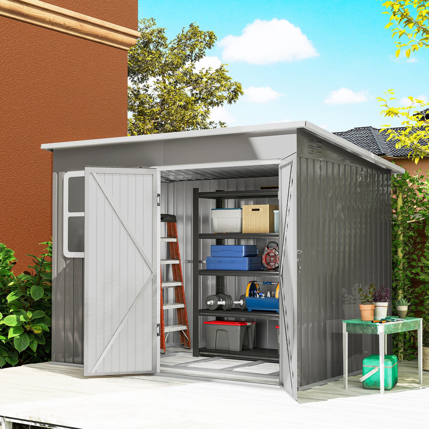 8.5 x 6ft Storage Shed Galvanised Steel Garden Shed, Metal Shed with Foundation Kit, Window
