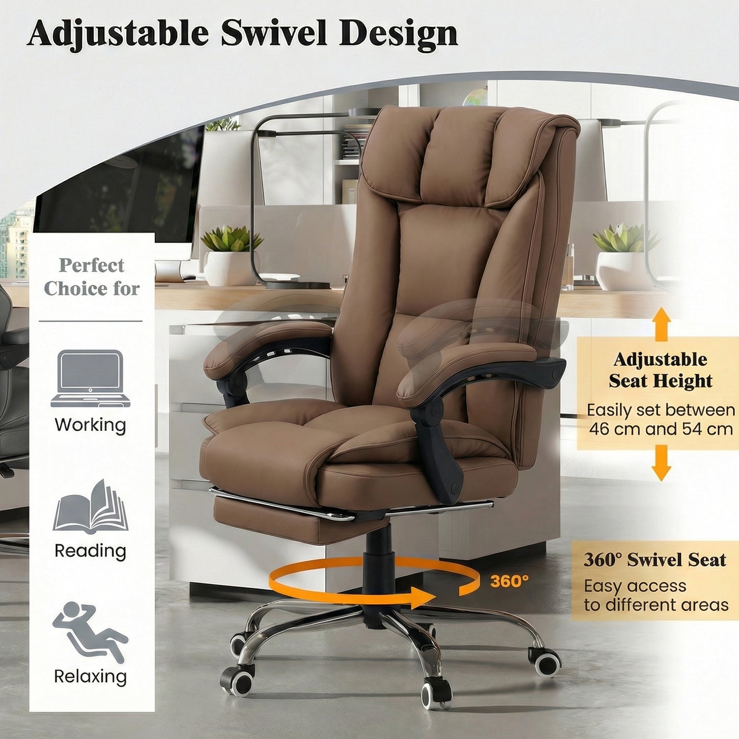 155° Reclining Faux Leather Swivel Office Chair - Brown
