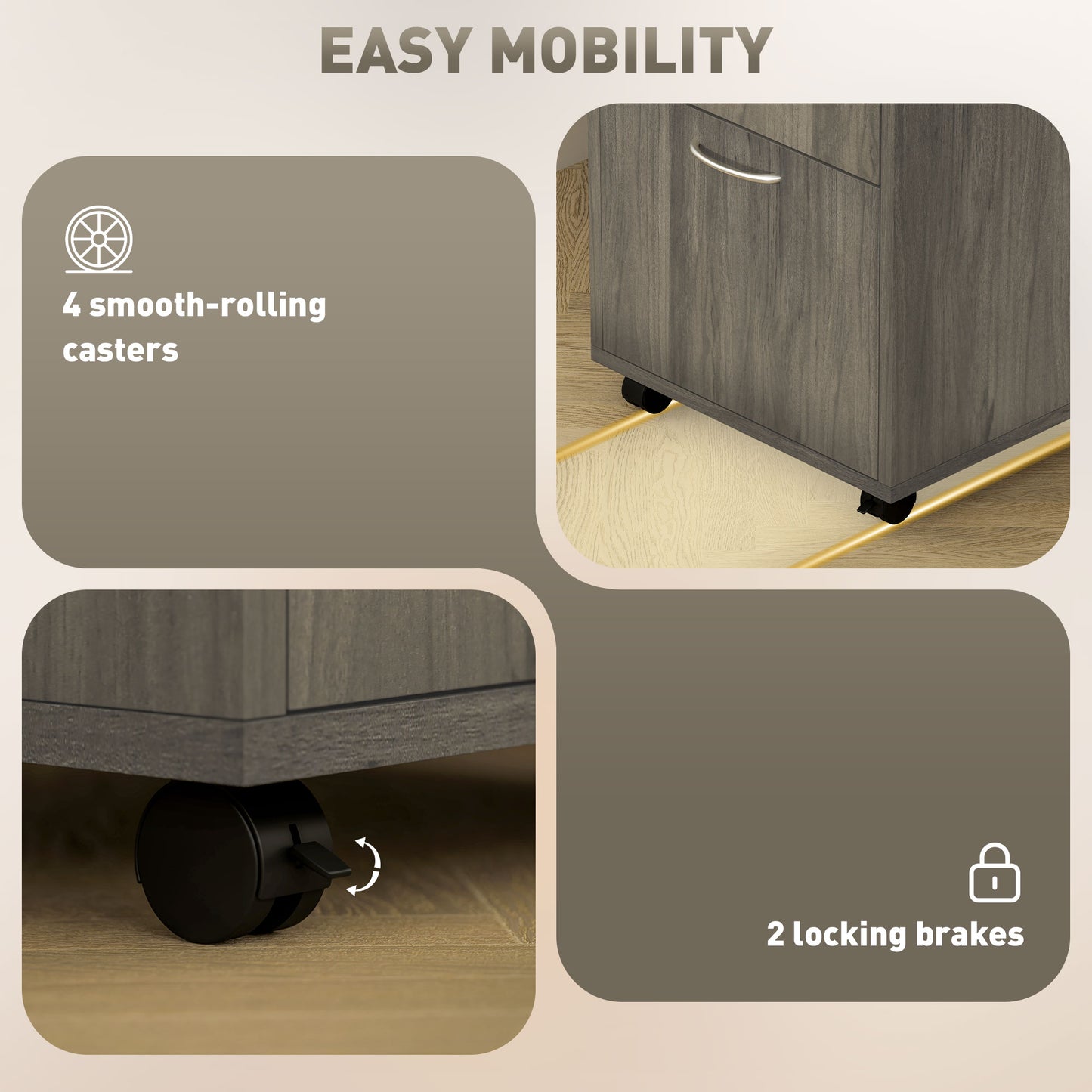 Filing Cabinet, Mobile File Cabinet with 2 Drawers, Office Home Organiser on Wheels for A4, Letter-Size File Folders
