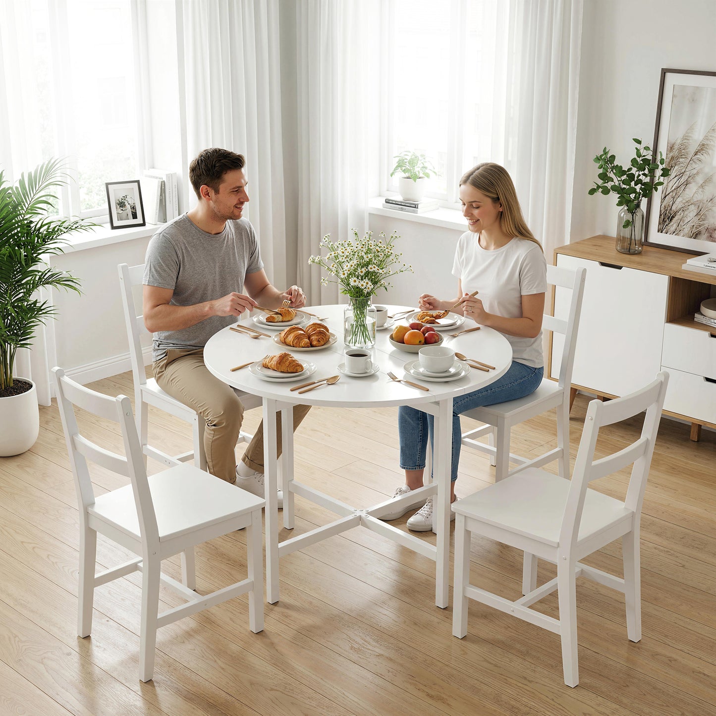 Collapsible Drop Leaf Table, Folding Dining Table for Small Spaces, Extendable Kitchen Table with Steel Frame, White