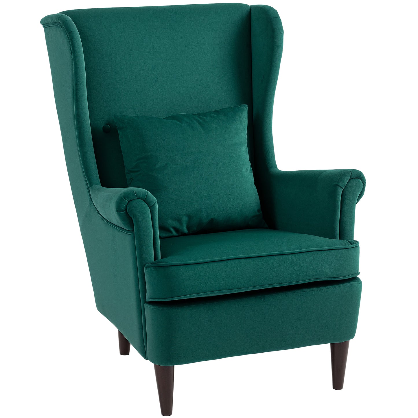 Modern Accent Chair with High Backrest and Pillow, Velvet-Feel Fabric Reading Chair with Solid Wood Legs, Green