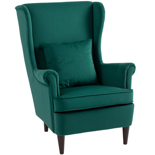 Modern Accent Chair with High Backrest and Pillow, Velvet-Feel Fabric Reading Chair with Solid Wood Legs, Green