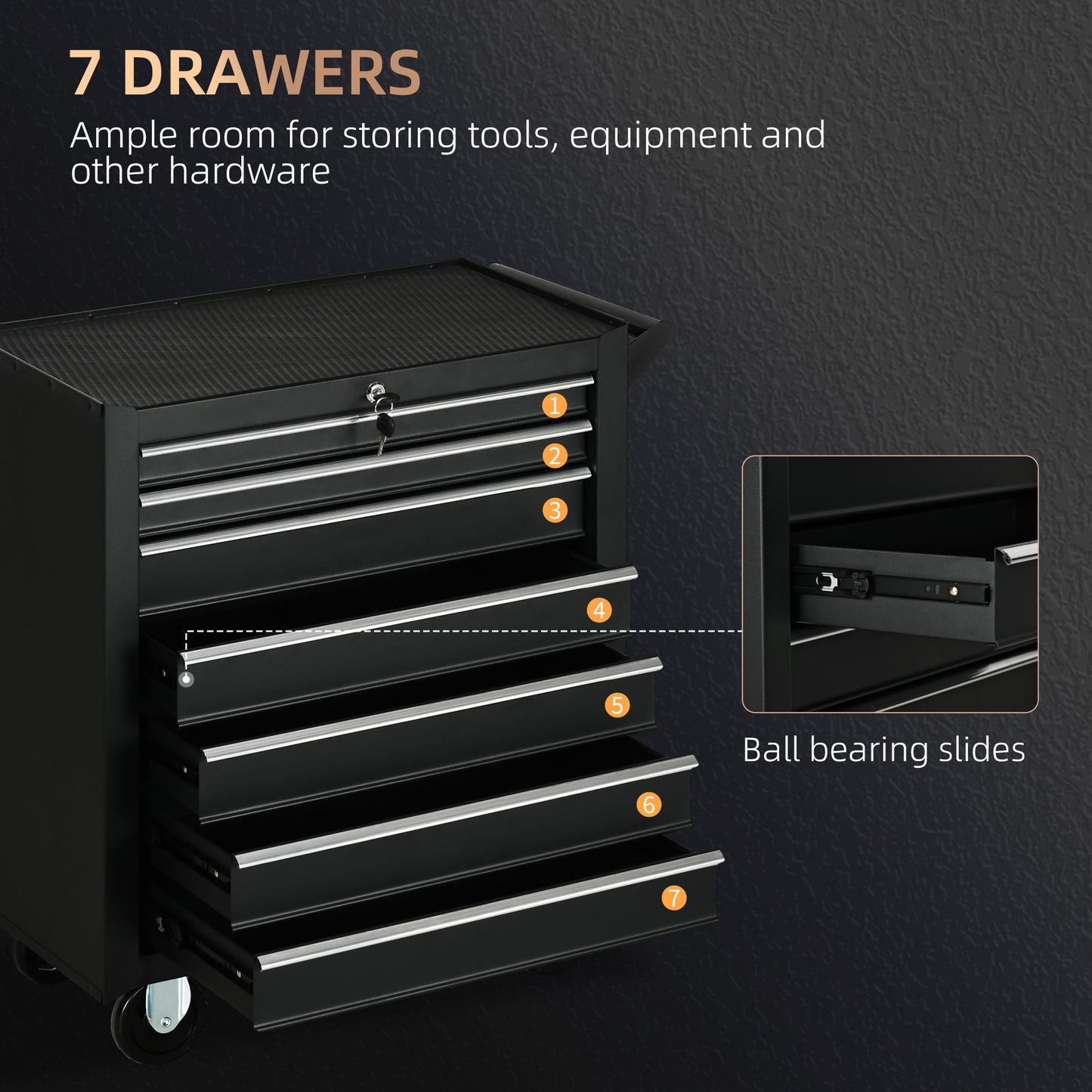 7-Drawer Tool Box on Wheels, Lockable Tool Cabinet with EVA Pat & Ball Bearing, Matte Black