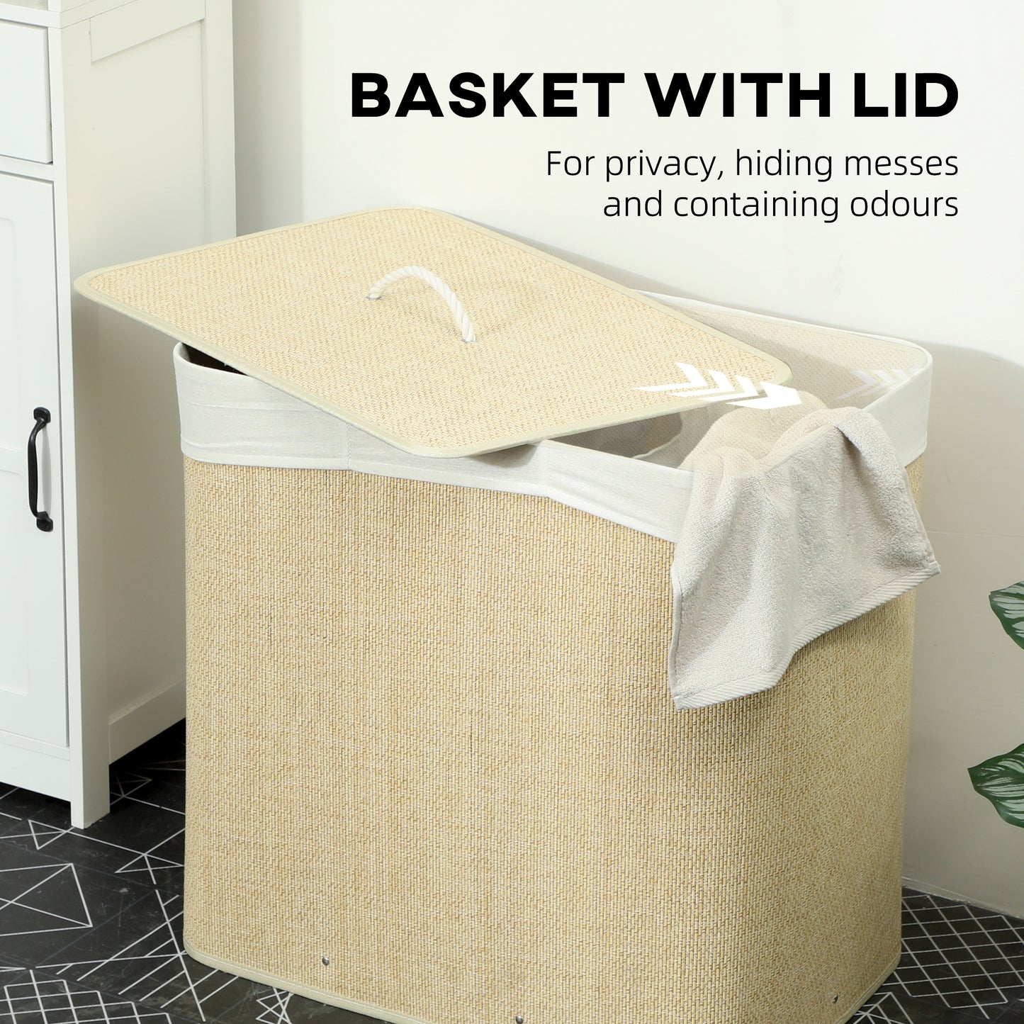 3 Section Laundry Basket with Lid, 144L Bamboo Laundry Hamper with Handles, Removable and Washable Liner, Cream White
