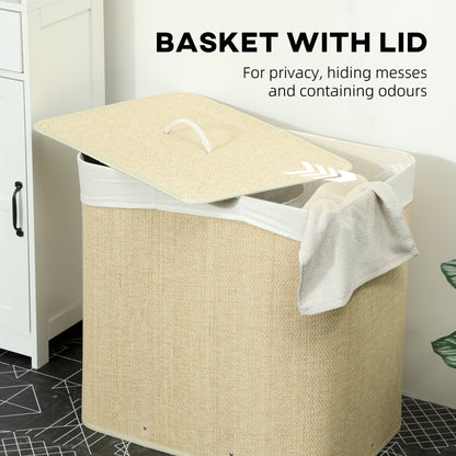 3 Section Laundry Basket with Lid, 144L Bamboo Laundry Hamper with Handles, Removable and Washable Liner, Cream White