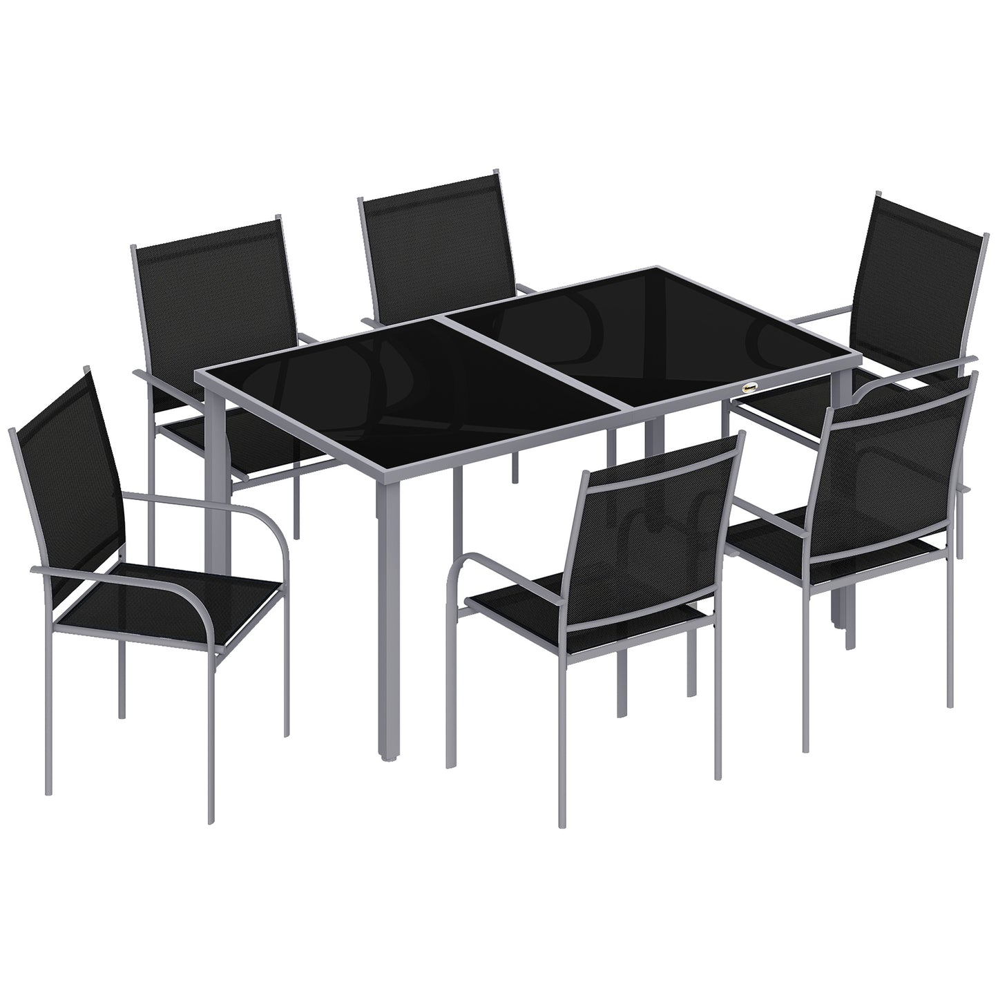 7 Piece Outdoor Garden Dining Set with Table and 6 Stackable Chairs, Steel Frame, Tempered Glass Top, Mesh Seats, Black