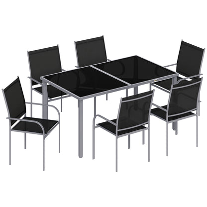 7 Piece Outdoor Garden Dining Set with Table and 6 Stackable Chairs, Steel Frame, Tempered Glass Top, Mesh Seats, Black