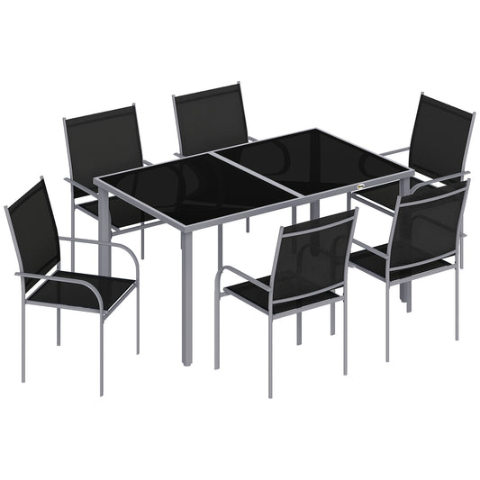 7 Piece Outdoor Garden Dining Set with Table and 6 Stackable Chairs, Steel Frame, Tempered Glass Top, Mesh Seats, Black
