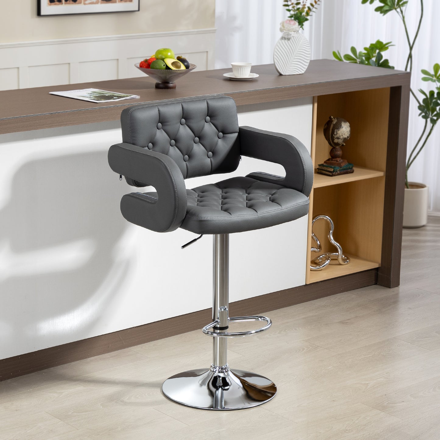 PU Leather Upholstered Swivel Bar Stool, Height Adjustable with Back, Armrest, Footrest, Grey