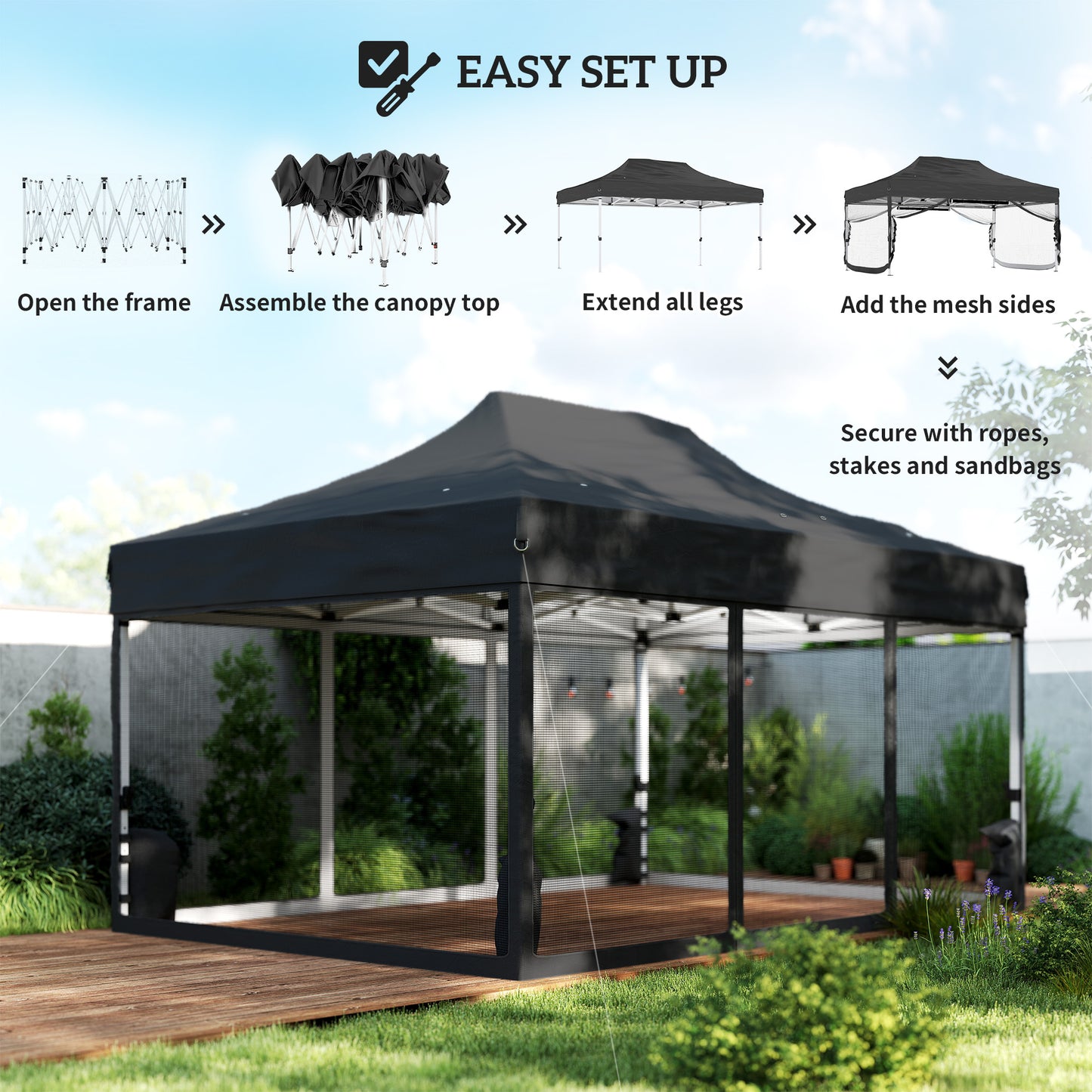 3 x 4.5 m Pop Up Gazebo with Mesh Nettings, UPF50+ Heavy Duty Outdoor Garden Party Tent Marquee, Black