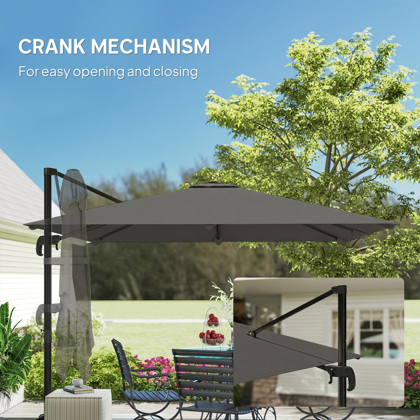 3 x 3 m Cantilever Parasol, Square Patio Umbrella with Crank Handle, Cross Base, Tilt, 360° Rotation, Dark Grey