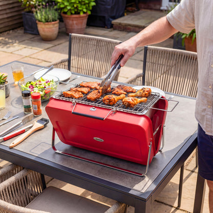 Portable Mini Charcoal Barbecue Grill with Suitcase Shell, Outdoor Folding Tabletop BBQ Grill, Red
