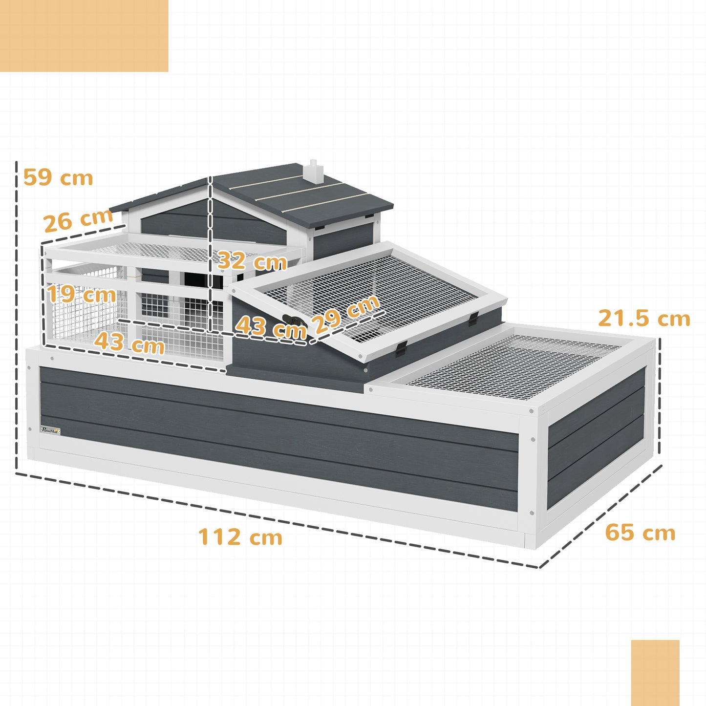 Tortoise House 3-Room with 2 Stories, Ladder, Balcony, Tray, Openable Roof, 59H x 112L x 65Wcm, Grey