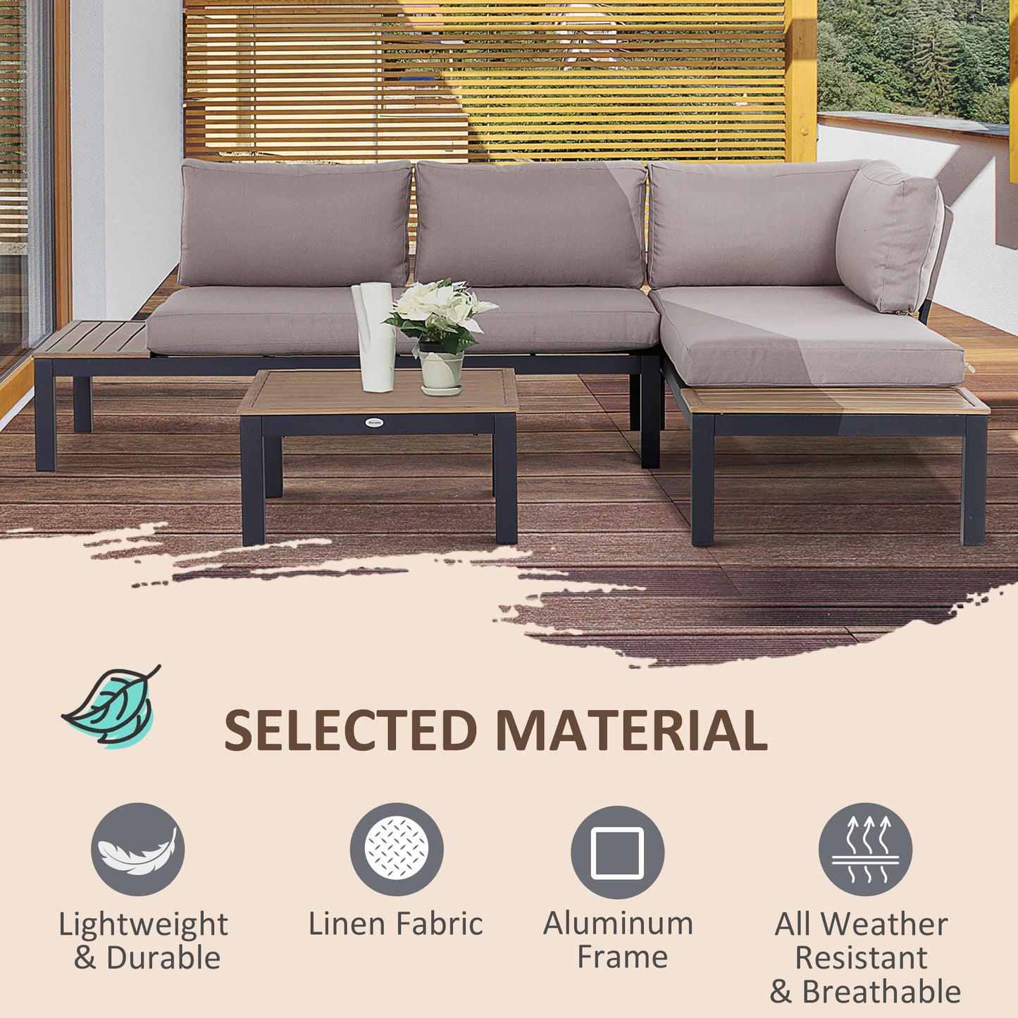 3 Pieces Garden Furniture Set, Aluminium 4 Seater Corner Sofa Set with 2 Loveseats, Black