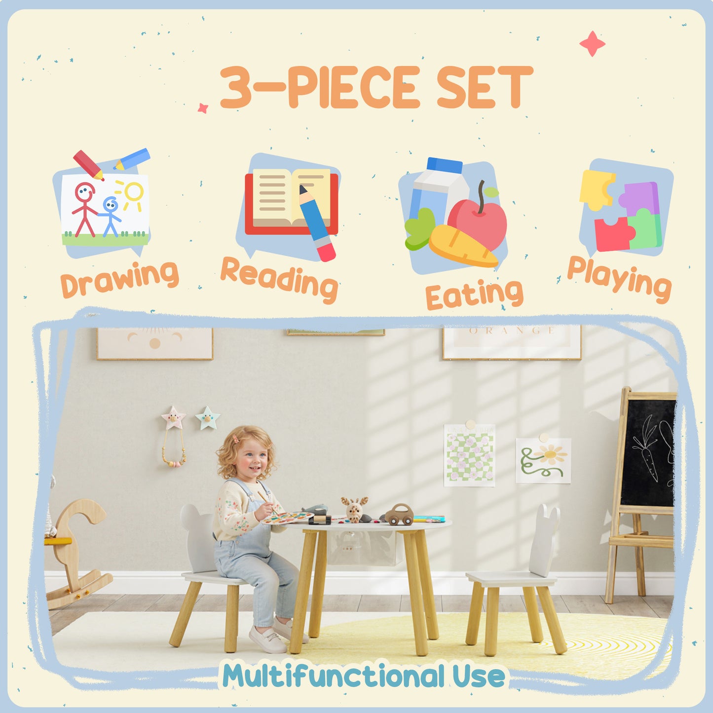 3-Piece Kids Activity Table Set with Centre Mesh Bag, Bear-Shaped Backrest, for Arts and Crafts, Reading, White