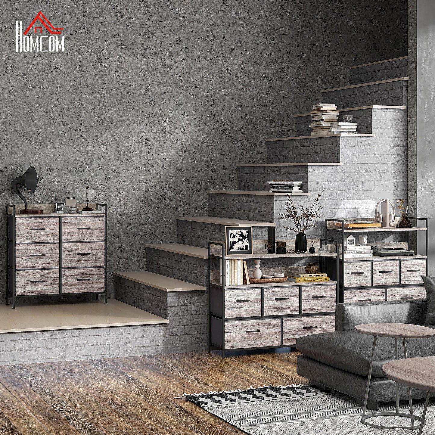 Rustic Chest of Six Fabric Drawers - Grey Wood Effect