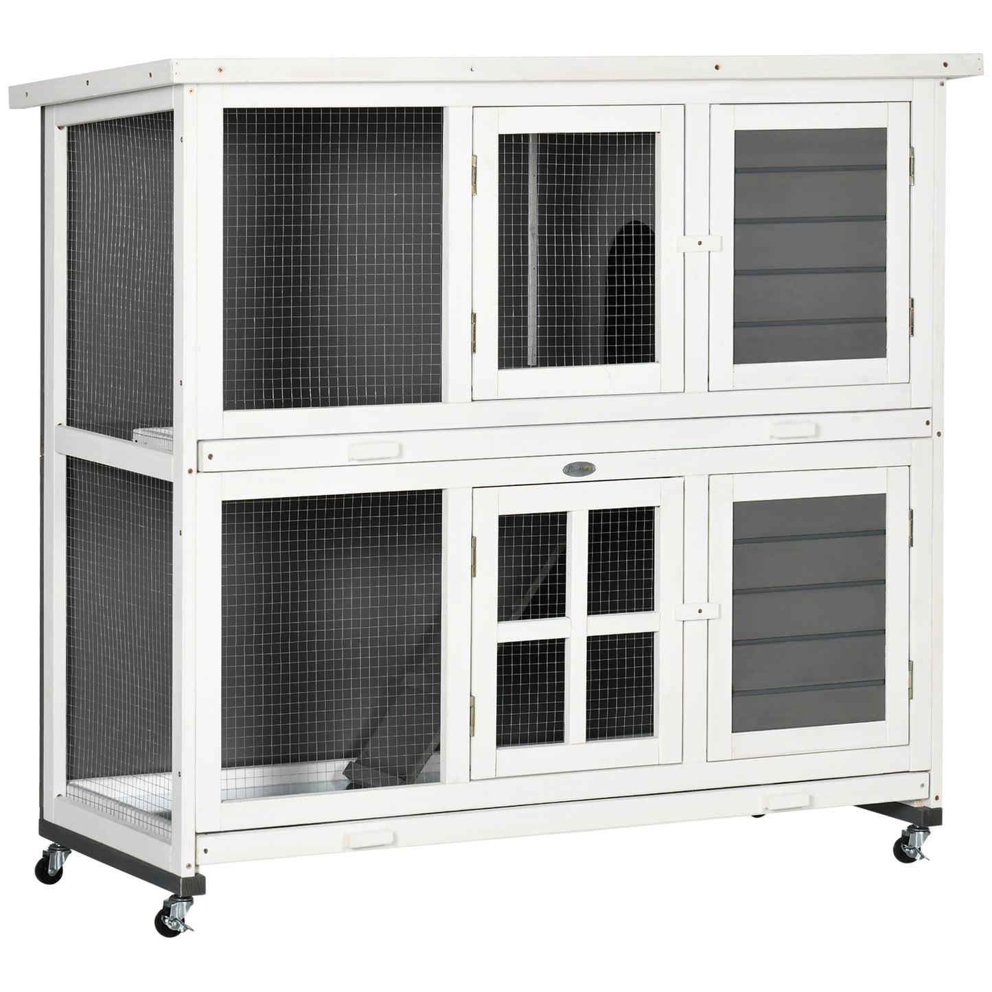 Wooden Rabbit Hutch, Two-Tier Guinea Pig Cage, with Removable Tray, Wheels
