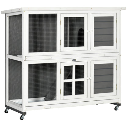 Wooden Rabbit Hutch, Two-Tier Guinea Pig Cage, with Removable Tray, Wheels