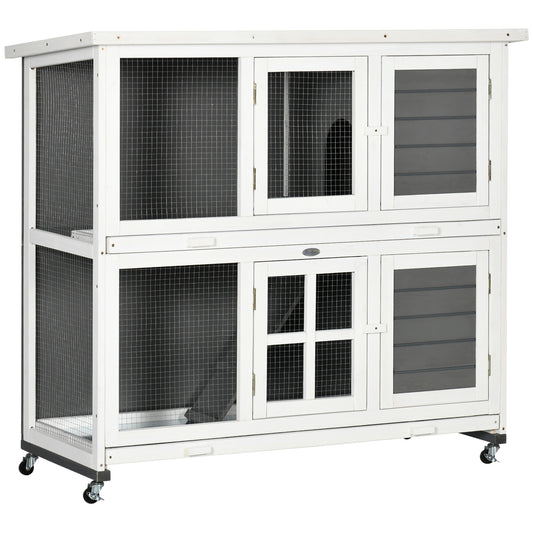 Wooden Rabbit Hutch, Two-Tier Guinea Pig Cage, with Removable Tray, Wheels
