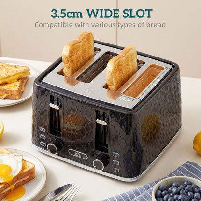 Kettle and Toaster Set, 1.7L 3000W Rapid Kettle with Strix Thermostat, 4 Slice Toaster with 7 Browning Controls, Black