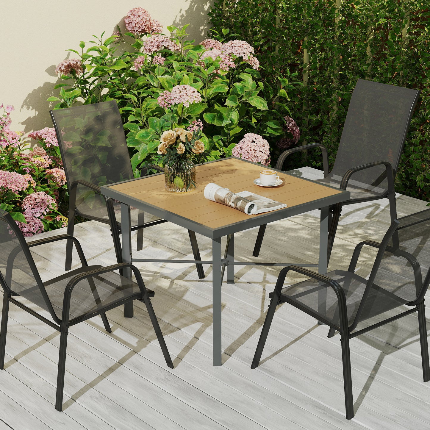 Garden Table for 4, 90 cm Rectangular Outdoor Dining Table with 4.2 cm Umbrella Hole, Wood Effect Top, Rust Resistant Frame
