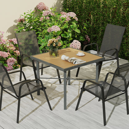 Garden Table for 4, 90 cm Rectangular Outdoor Dining Table with 4.2 cm Umbrella Hole, Wood Effect Top, Rust Resistant Frame