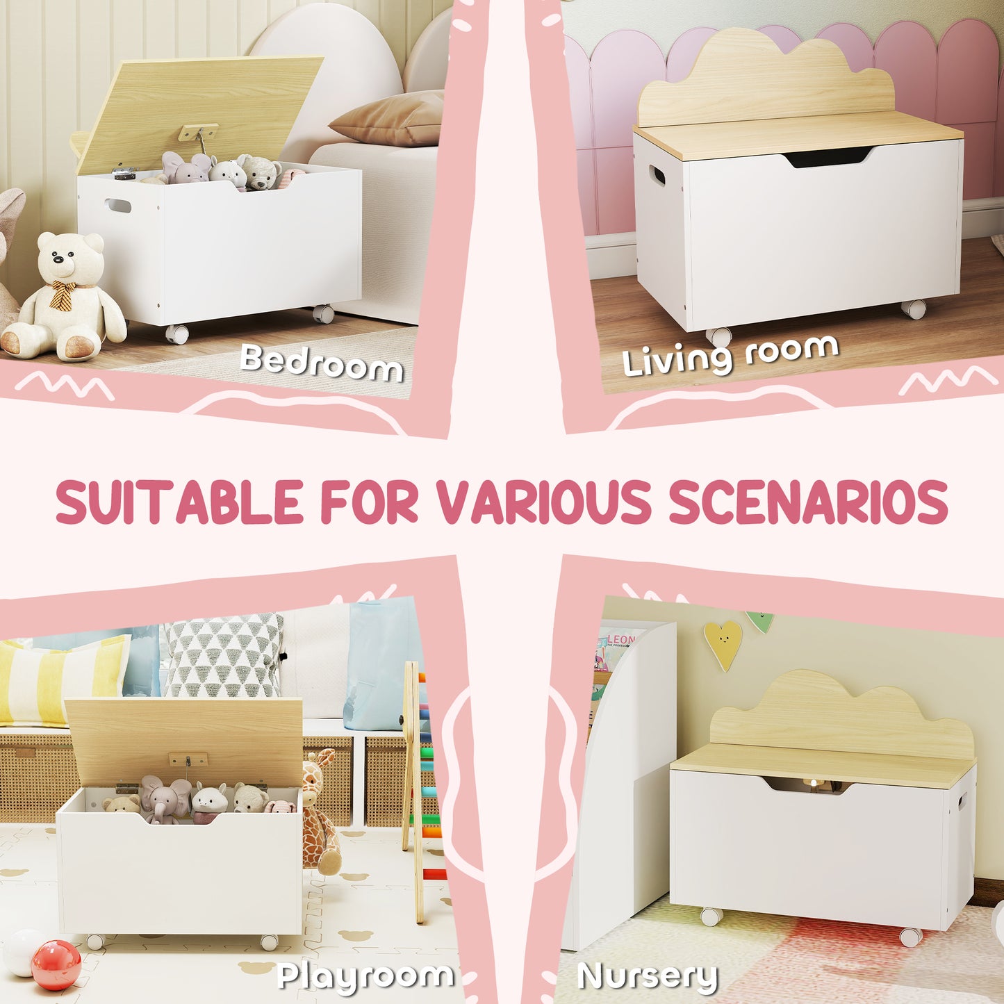 Toy Box with Lid, Toy Chest with Wheels and Safety Hinges, Toddler Storage Organiser for Playroom, Bedroom, White
