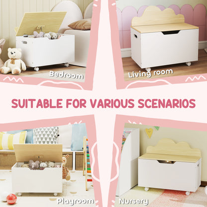 Toy Box with Lid, Toy Chest with Wheels and Safety Hinges, Toddler Storage Organiser for Playroom, Bedroom, White