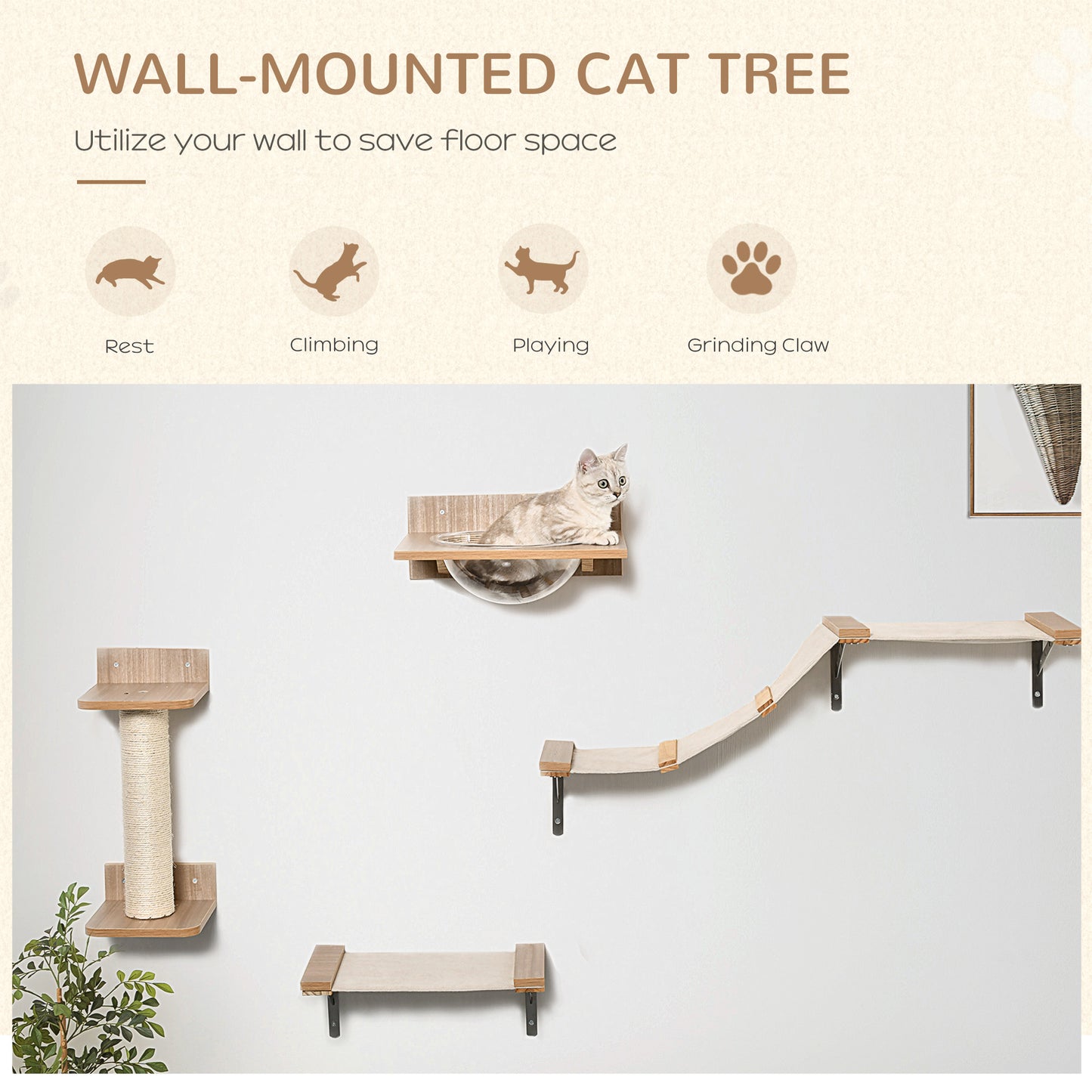 4PCs Wall-mounted Cats Climbing Shelf Set Cat Tree Kitten Perch Activity Center