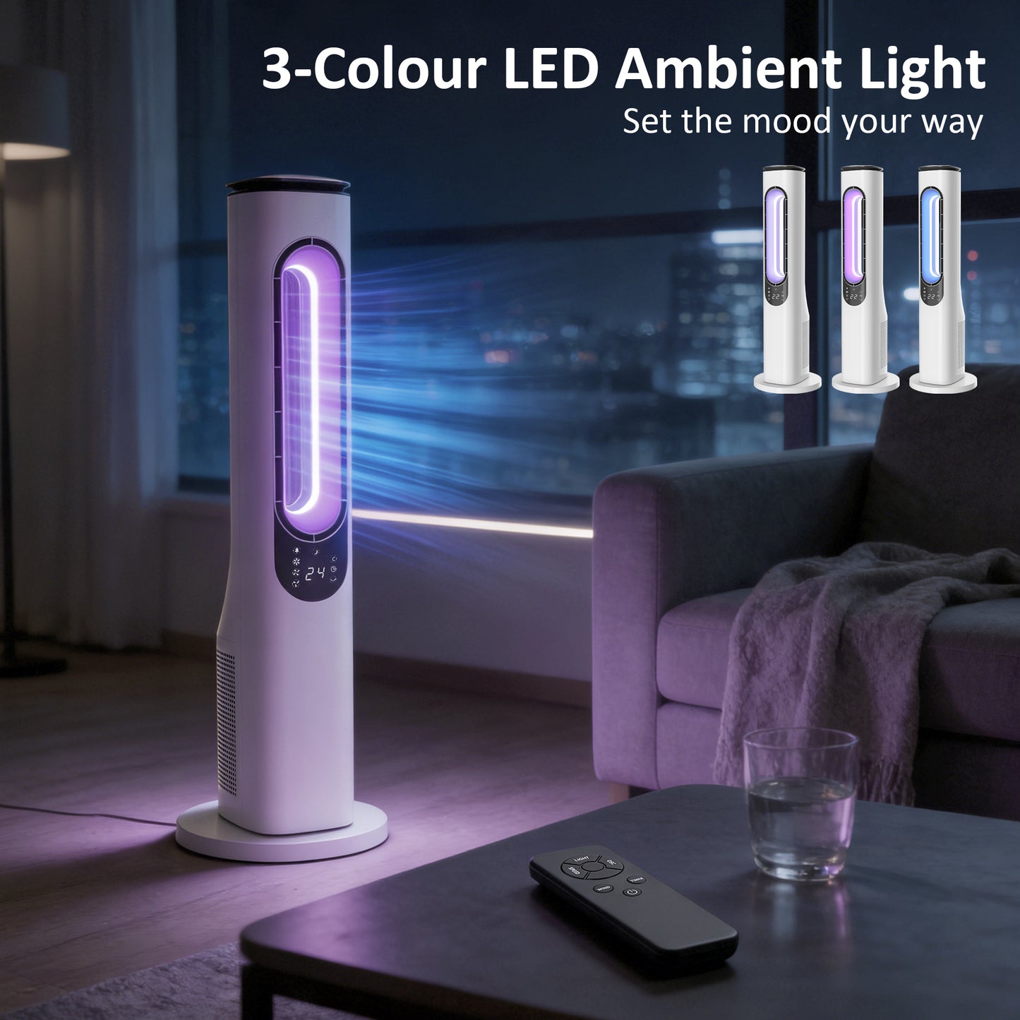 Bladeless Tower Fan for Bedroom, 35dB Standing Cooling Fan with Oscillating, LED Lights, 3 Speeds, 15H Timer, White