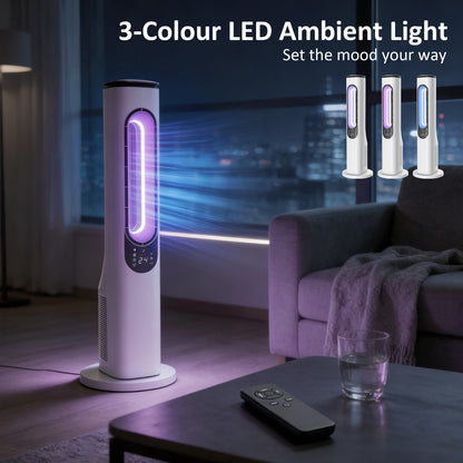 Bladeless Tower Fan for Bedroom, 35dB Standing Cooling Fan with Oscillating, LED Lights, 3 Speeds, 15H Timer, White