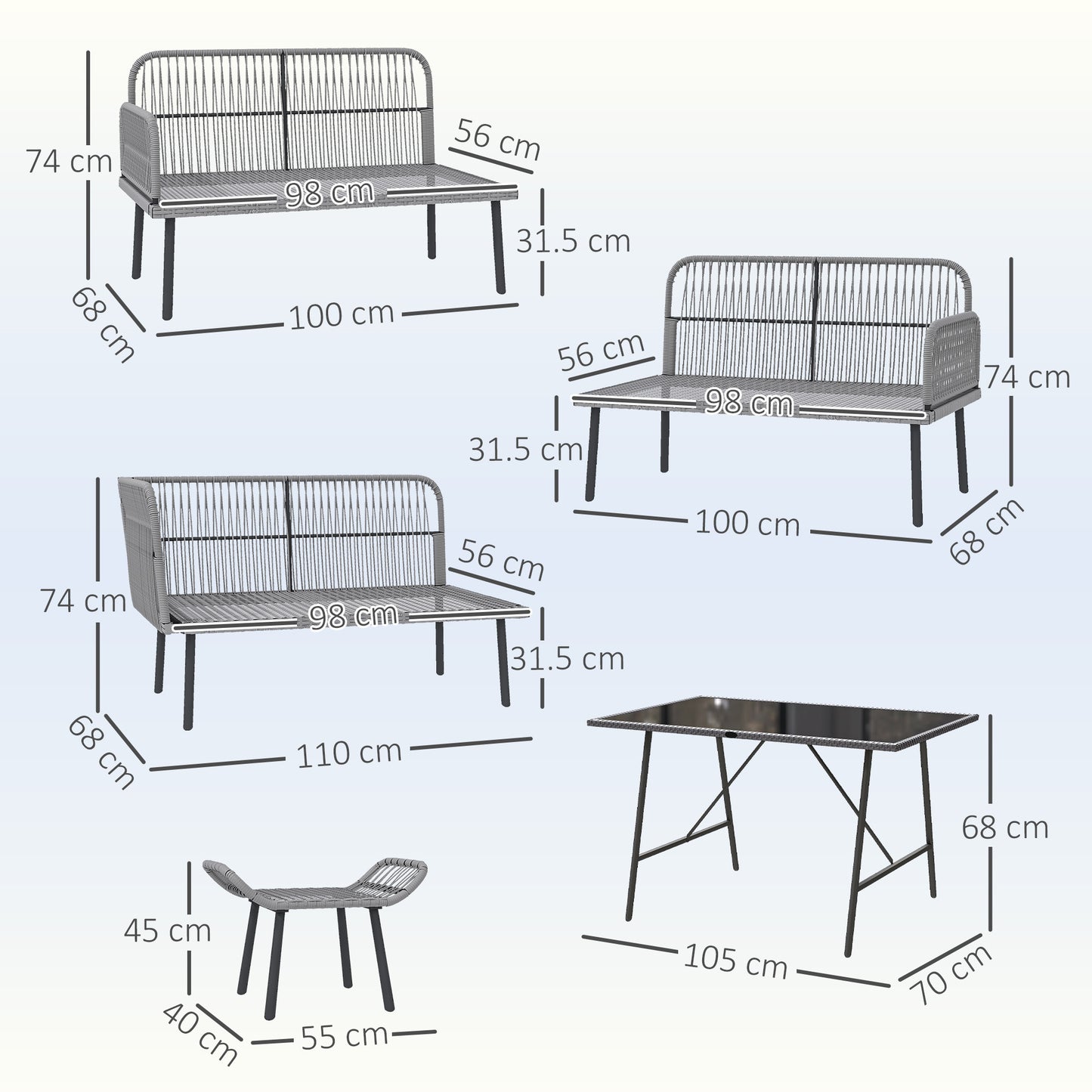 6 Piece Rattan Garden Furniture Set, 8 Seater Garden Corner Sofa with Cushions and Glass Top Table