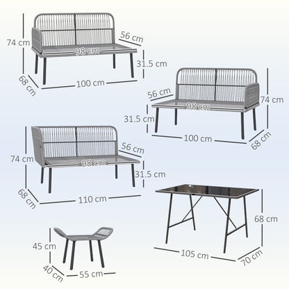 6 Piece Rattan Garden Furniture Set, 8 Seater Garden Corner Sofa with Cushions and Glass Top Table