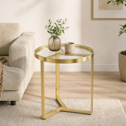 Round Side Table with Tempered Glass Top and Geometric Metal Frame for Small Space, Gold Tone