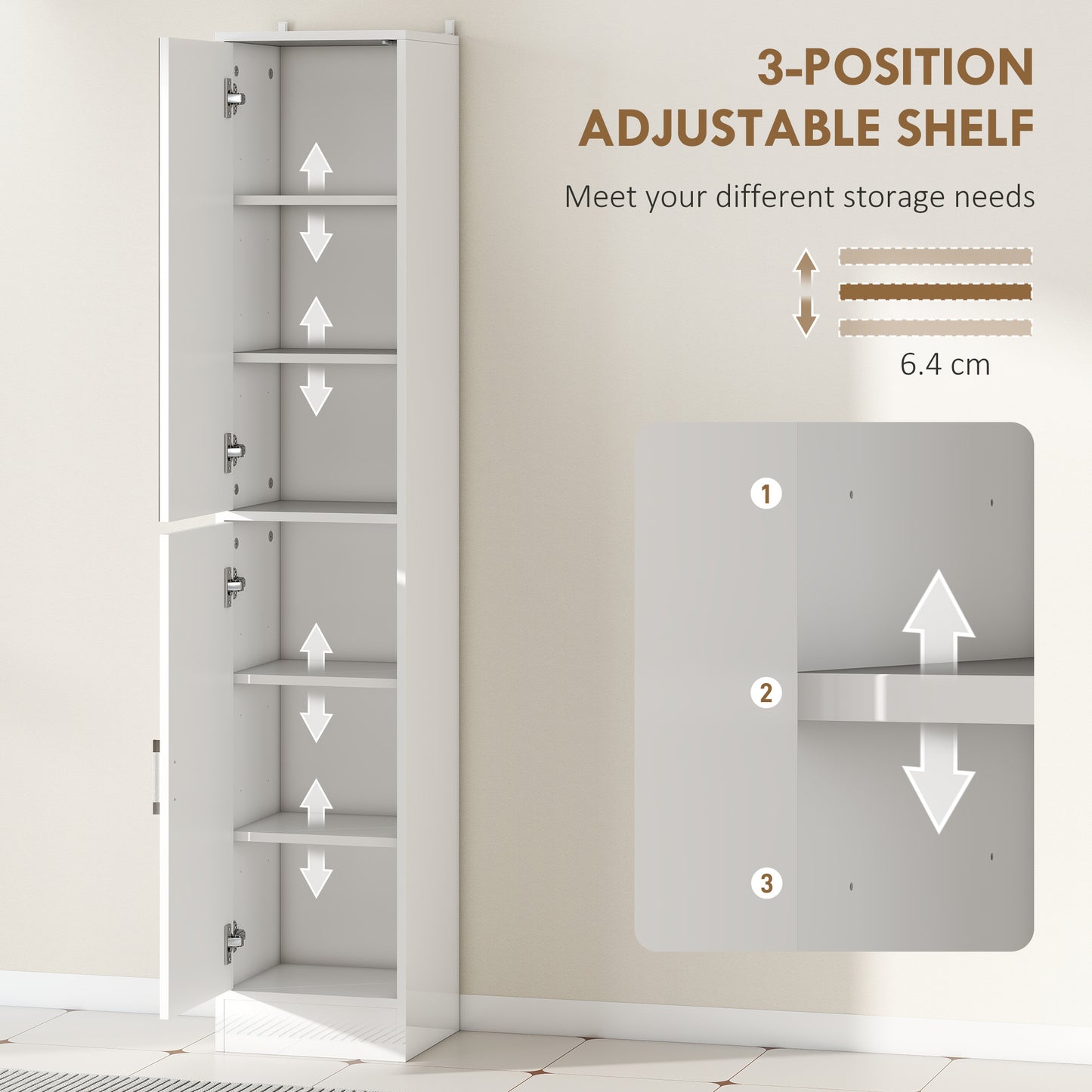 Tall Bathroom Cabinet with Mirror and Adjustable Shelf - High Gloss White
