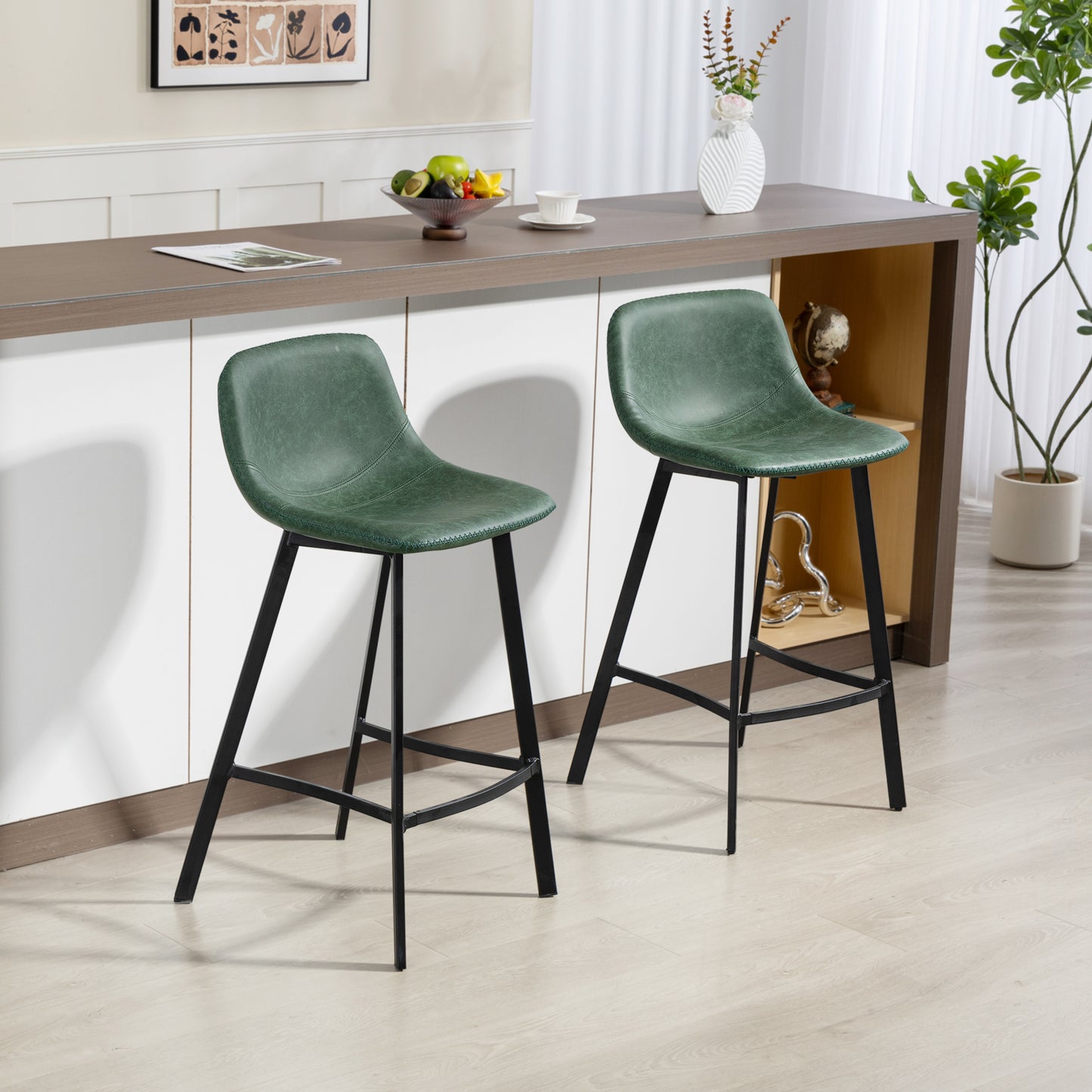 Bar Stools Set of 2, PU Leather Dining Stools with Backrest, Footrest, for Kitchen, Counter, Breakfast Bar, Green