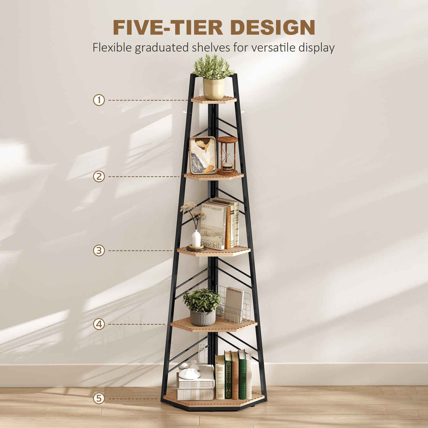 Corner Bookcase, 5-Tier Floor Standing Bookshelf, Shelving Unit for Living Room, Study, Bedroom, Natural Wood Finish