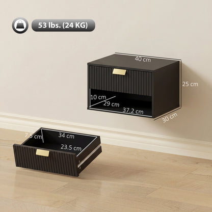 Set of 2 Wall Mounted Nightstands, Floating Bedside Tables with Fluted Drawer and Open Shelf for Small Bedroom, Black