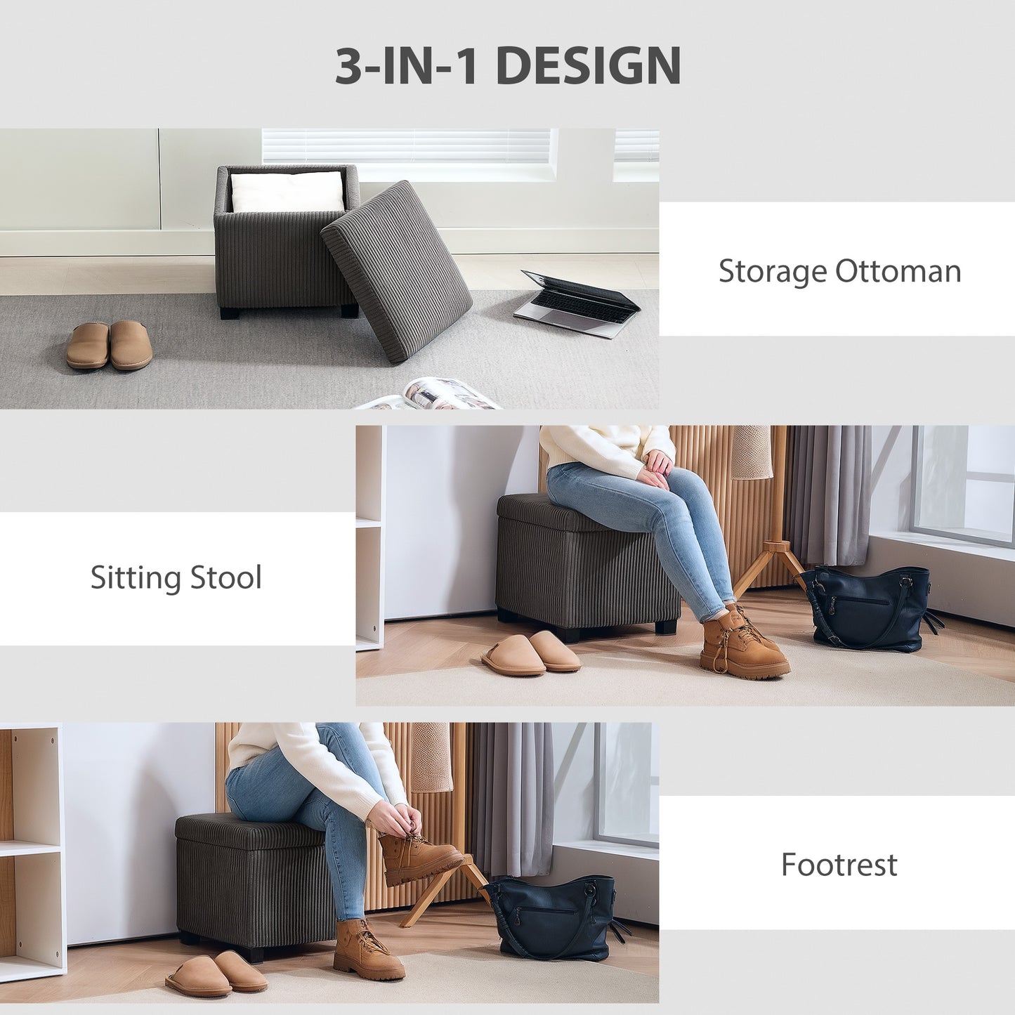 Storage Ottoman Bench, Corduroy Storage Chest Box with Wooden Legs, 40cm Bed End Bench for Living Room, Bedroom, Entryway