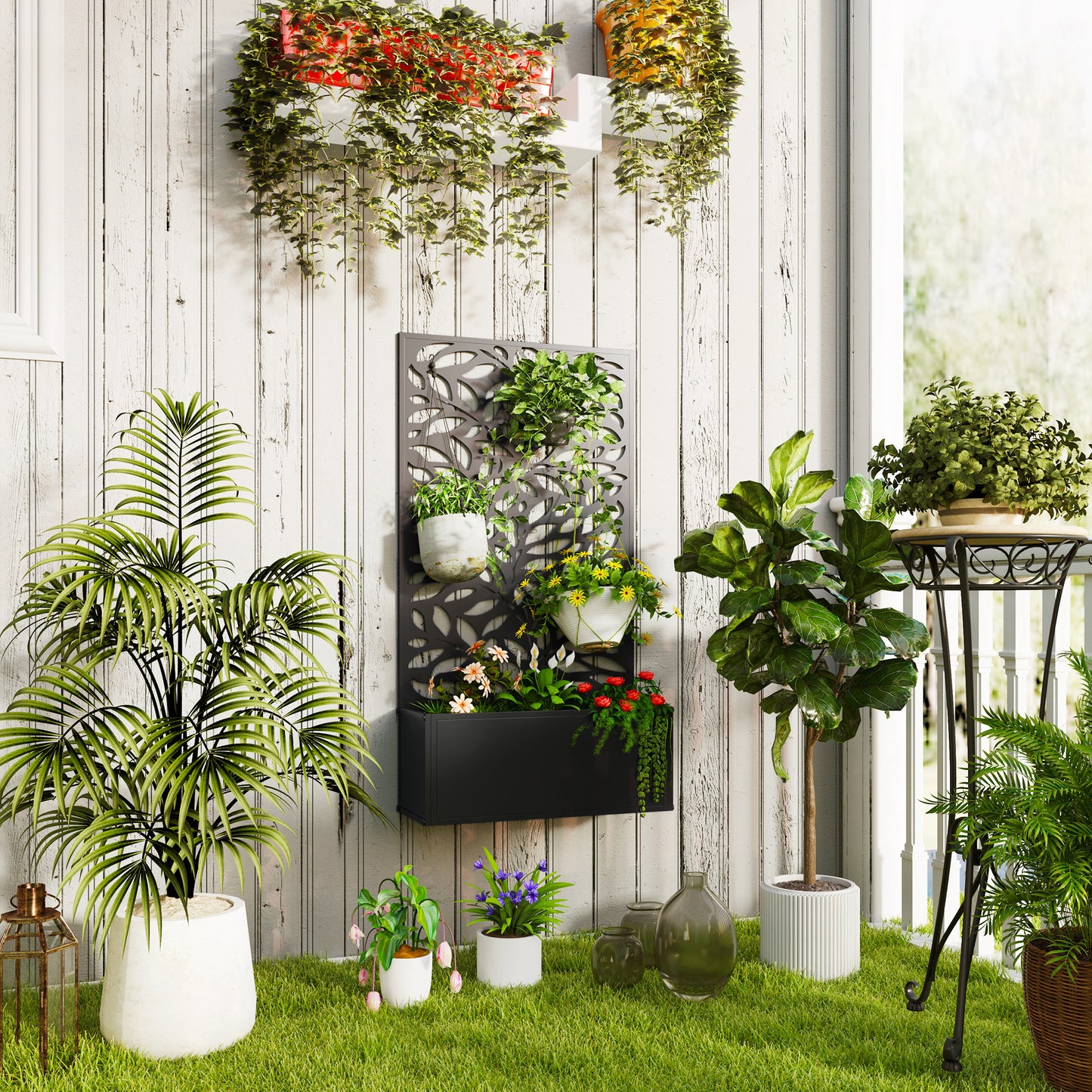 Outdoor Metal Planter, with Back Trellis - Black