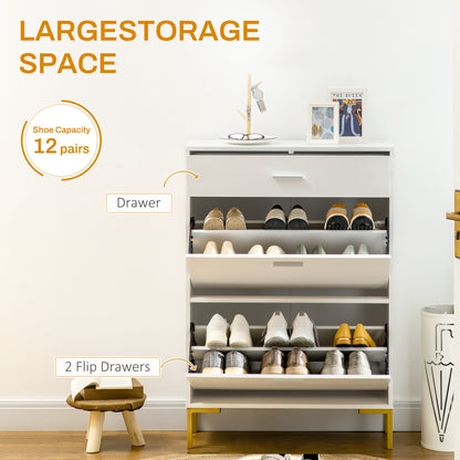 Three Drawer Slim Shoe Storage Cabinet, 12 Shoe Pairs - White
