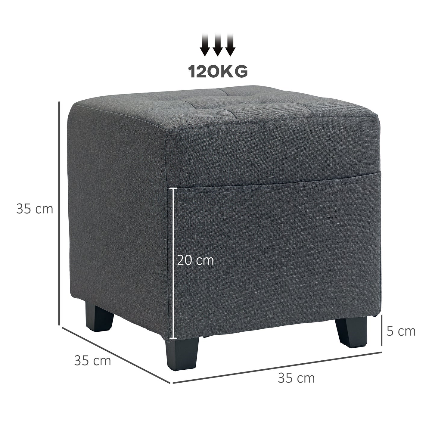 Square Footstool, Small Ottoman with Side Pocket, Linen Fabric Footrest Foot Stool with Rubber Wood Legs and Padded Seat for