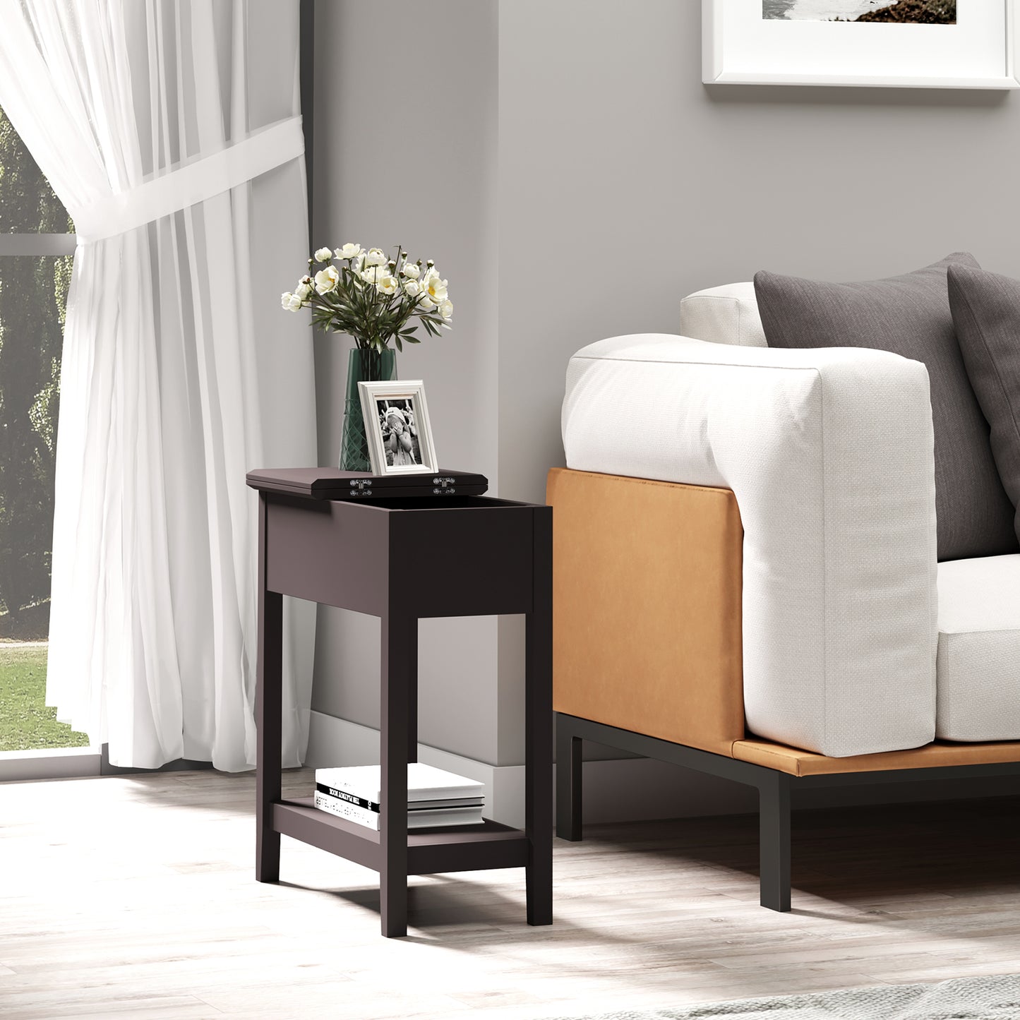 End Table, Narrow Side Table with Flip Top , Shelf, Dark Coffee