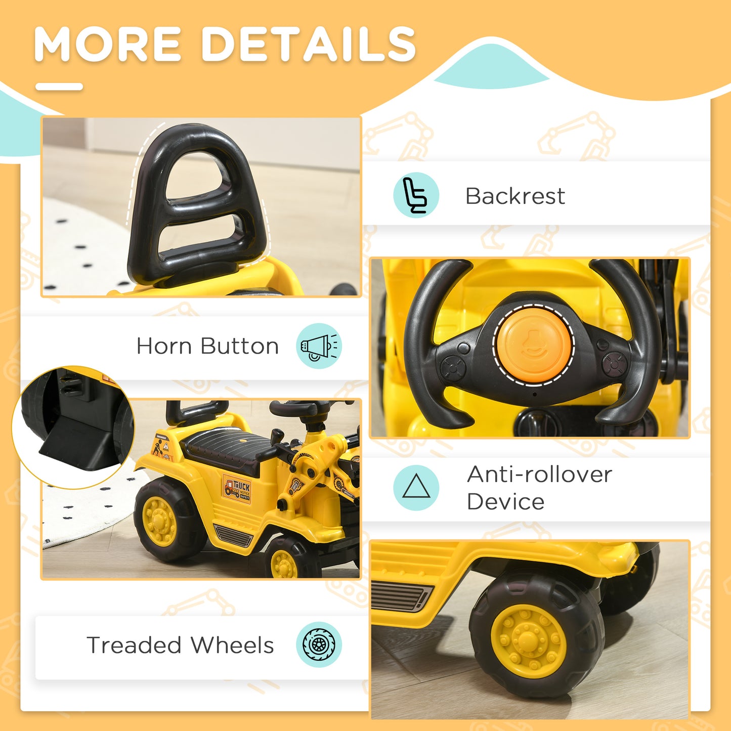 Ride On Tractor, 3 in 1 Ride On Excavator Toy, Toddler Digger Bulldozer with Storage, Pretend Play Construction Truck