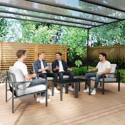 5 Piece Metal Garden Furniture Sofa Set with Thickened Cushions, Loveseat, 2 Armchairs, 2 Coffee Tables, Light Grey