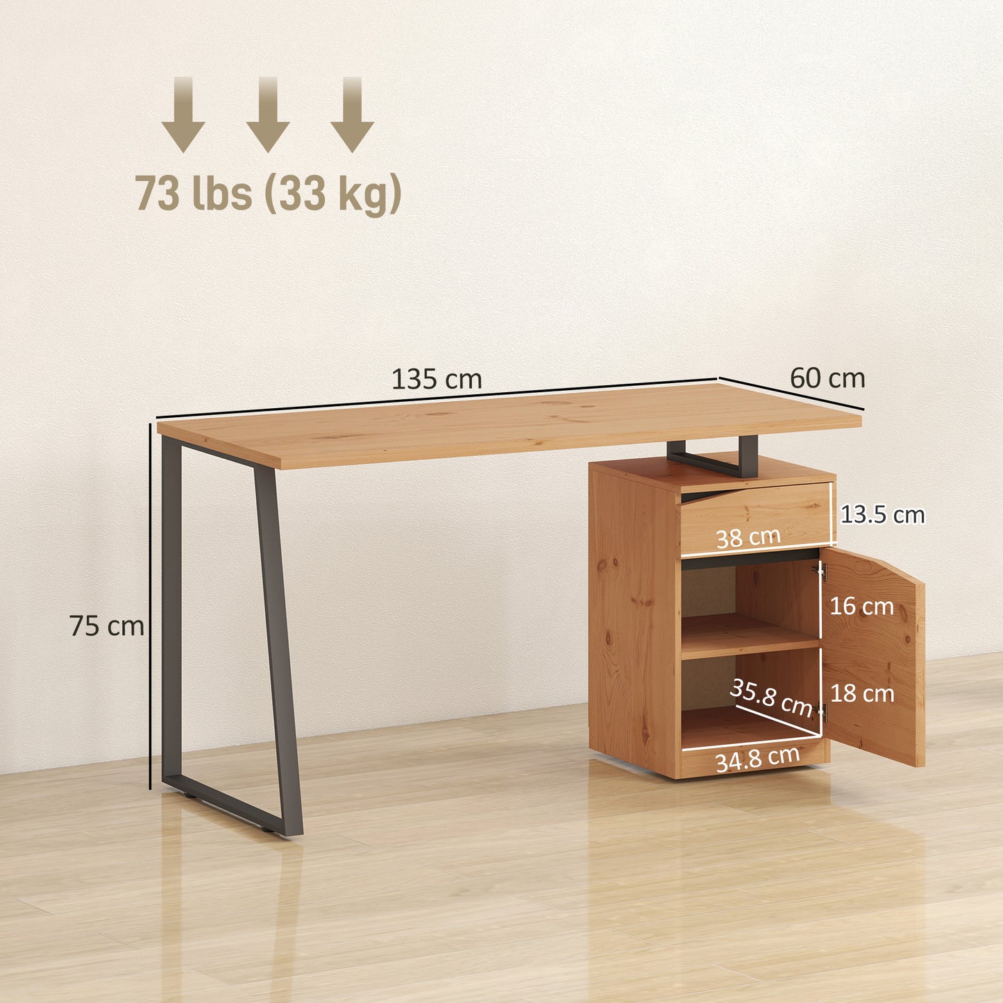 Computer Desk, Writing Desk with Cabinet, Drawer, Metal Legs, Work Table for Home Office Study, Natural Wood Finish